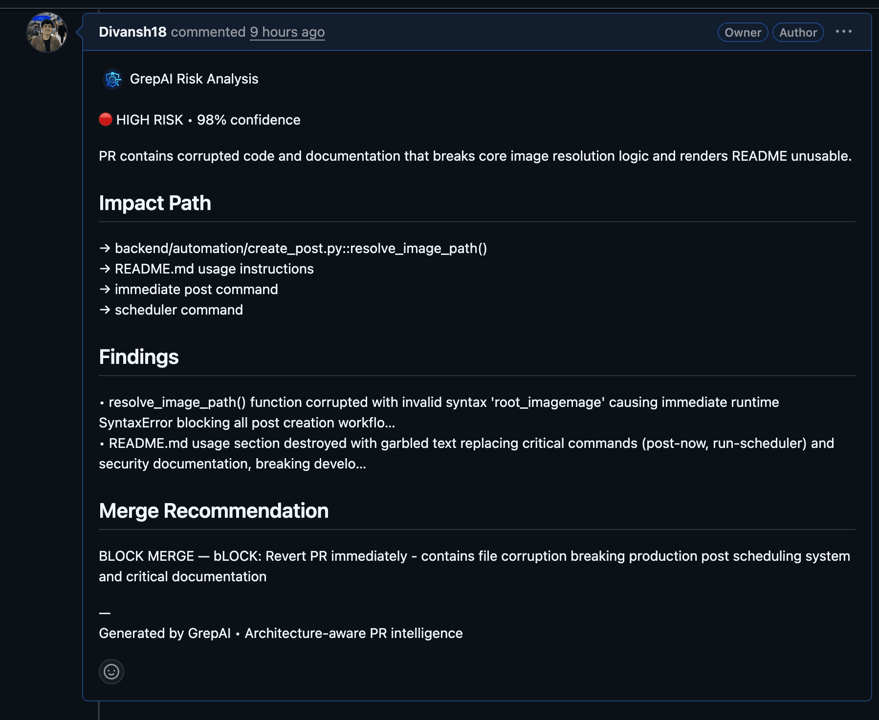 GrepAI GitHub PR risk analysis comment preview